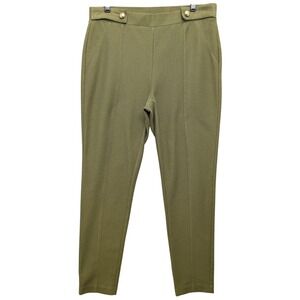 Michael Kors Olive Green Tapered Trousers Womens Large Gold Logo Buttons Stretch